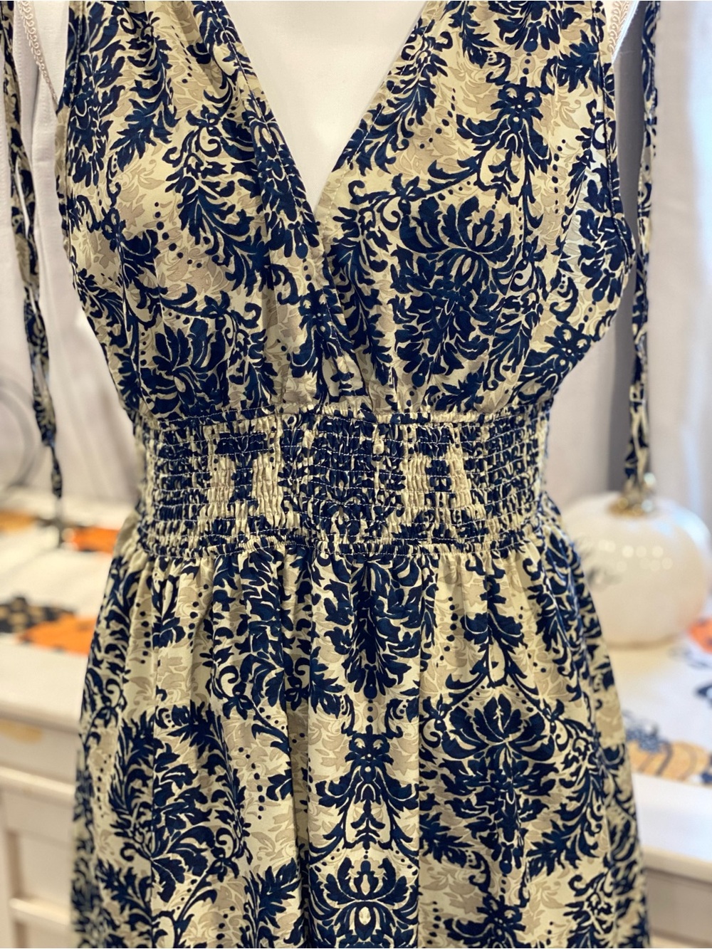 Mini Summer Dress in Tan & Navy Blue 💙